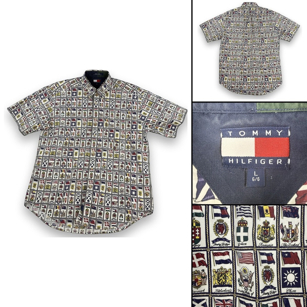 Vintage 90s Tommy Hilfiger International Flag All Over Print Shirt Sz L AOP Y2K